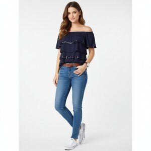 STYLE & CO Navy Blue Off-Shoulder Layered Beaded Blouse Top Sz M